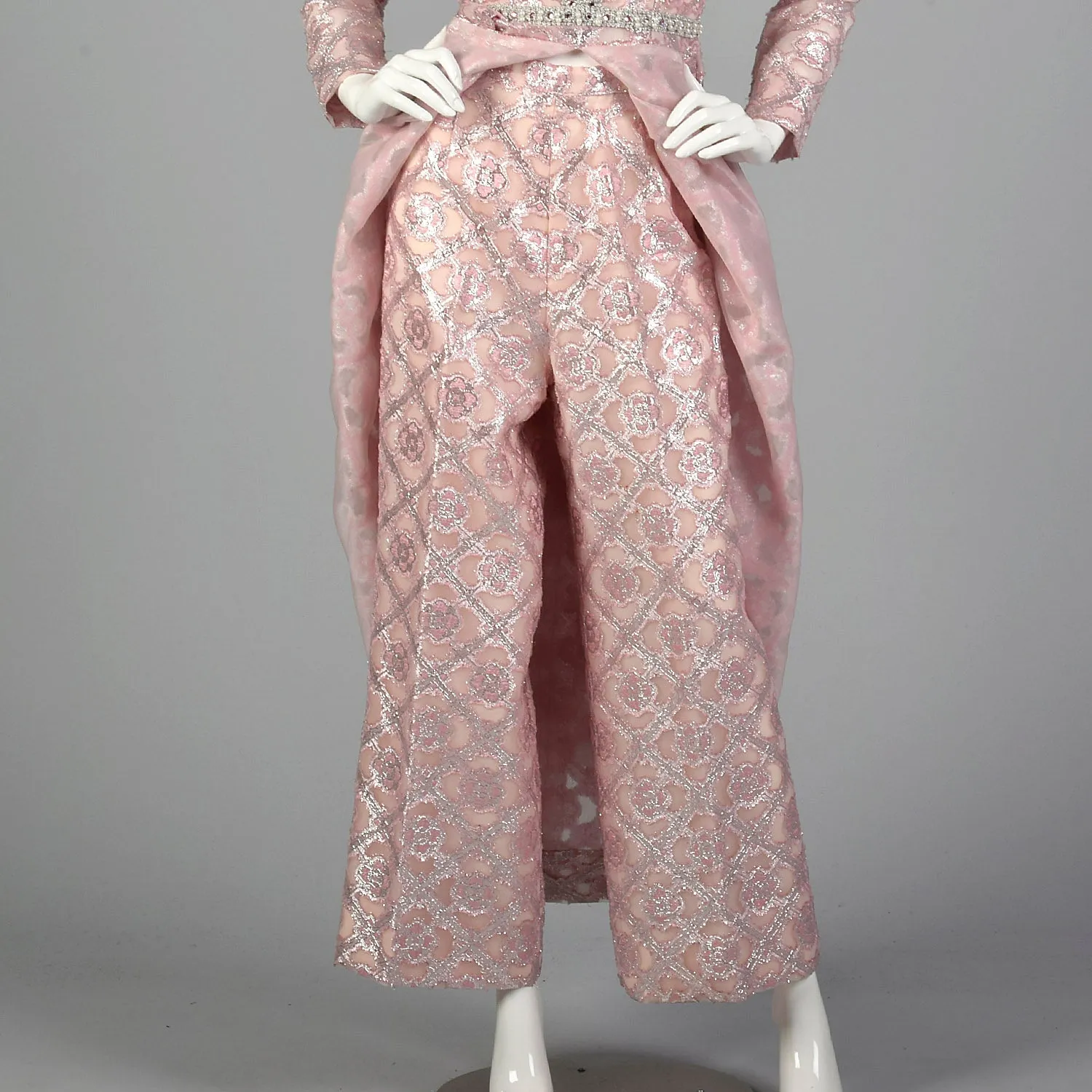1960s Pink and Silver Tunic Dress and Pant Set