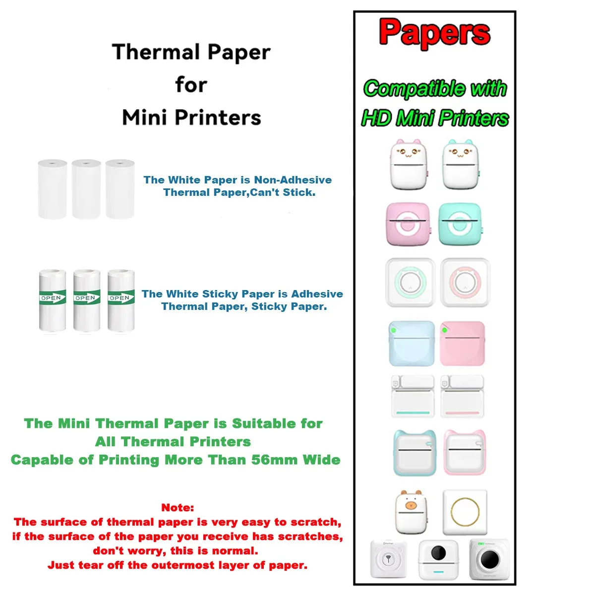 57mm Thermal Paper Rolls for Mini Printers - Self-adhesive Labels for Kid Cameras