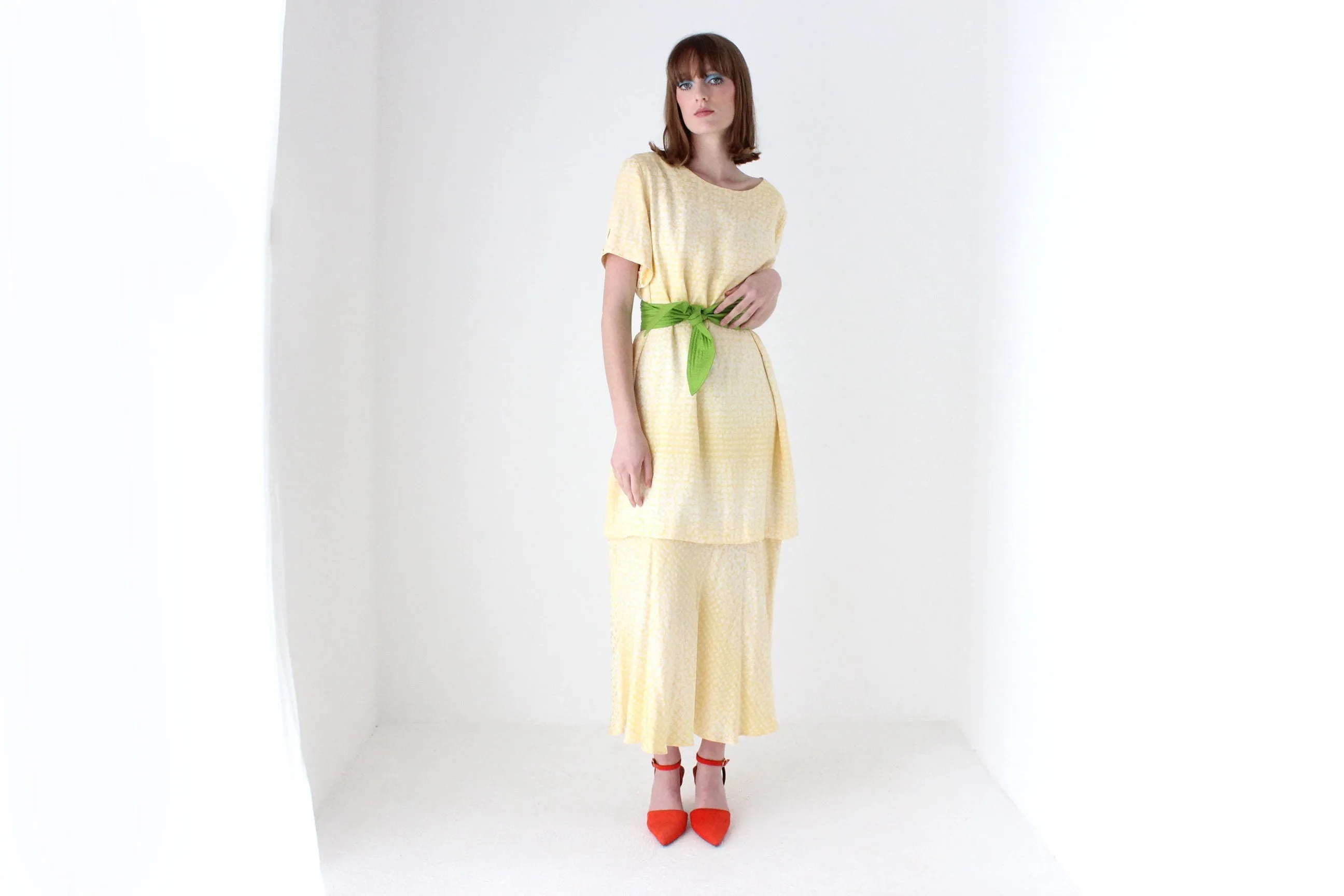 80s Pastel ~ Pure Silk ~ Relaxed Garden Party Dress w/ Green Sash Belt