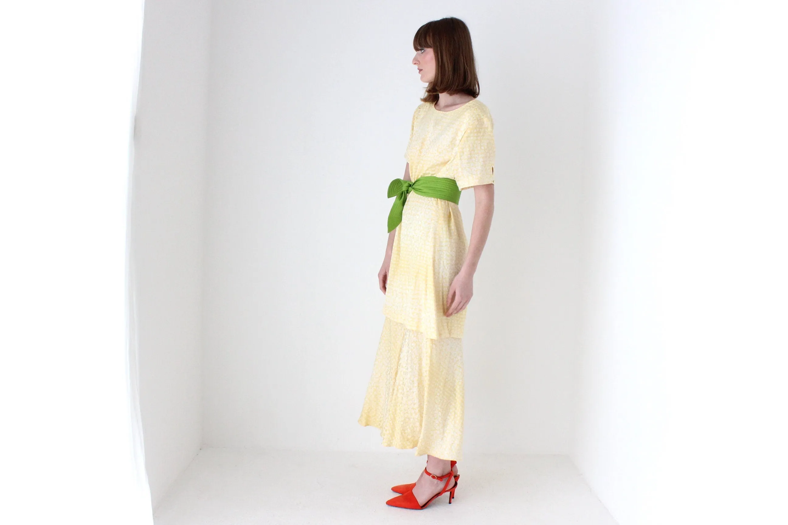 80s Pastel ~ Pure Silk ~ Relaxed Garden Party Dress w/ Green Sash Belt