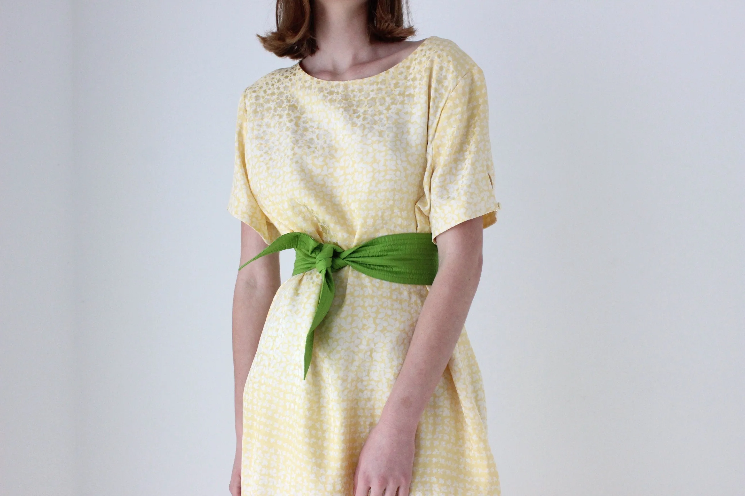 80s Pastel ~ Pure Silk ~ Relaxed Garden Party Dress w/ Green Sash Belt