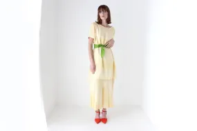 80s Pastel ~ Pure Silk ~ Relaxed Garden Party Dress w/ Green Sash Belt