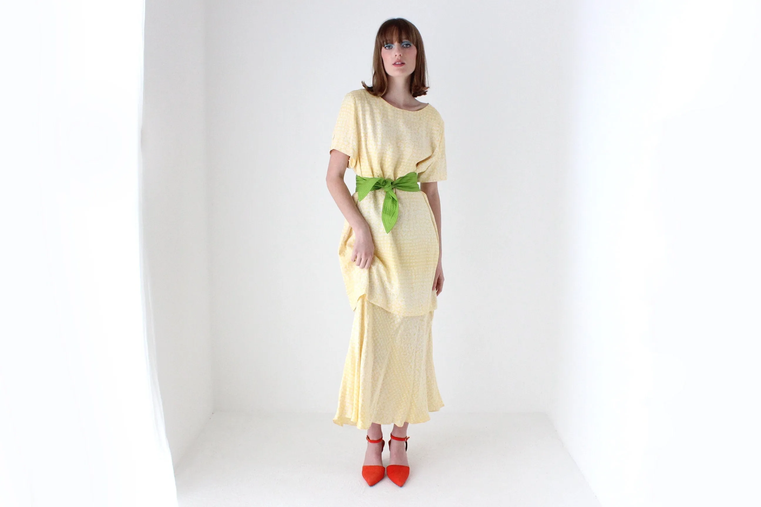 80s Pastel ~ Pure Silk ~ Relaxed Garden Party Dress w/ Green Sash Belt