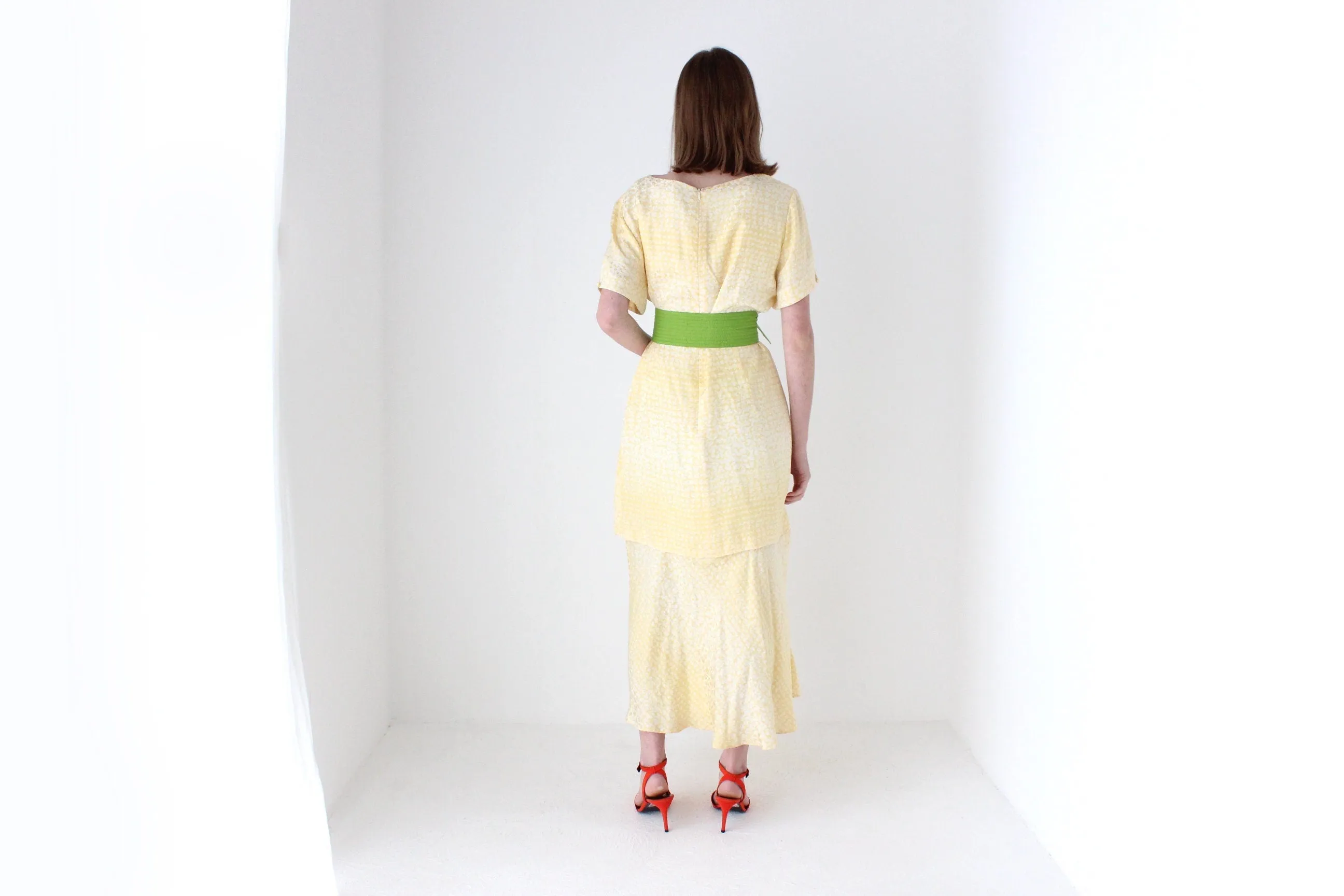 80s Pastel ~ Pure Silk ~ Relaxed Garden Party Dress w/ Green Sash Belt