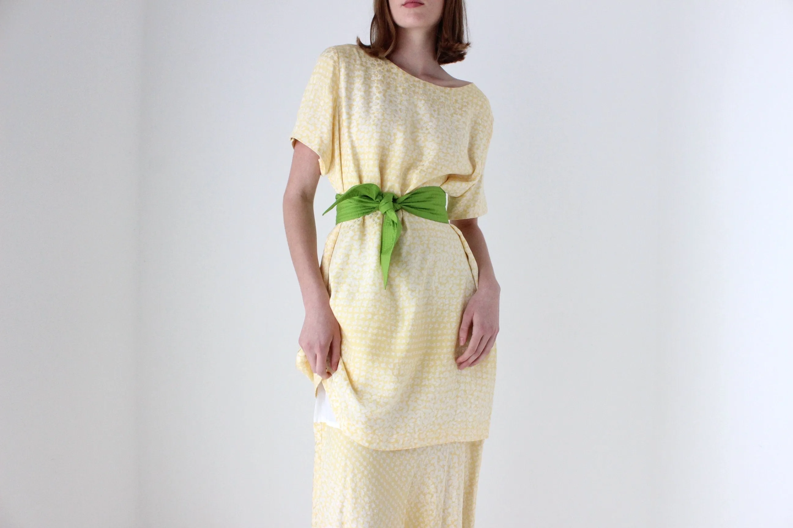 80s Pastel ~ Pure Silk ~ Relaxed Garden Party Dress w/ Green Sash Belt