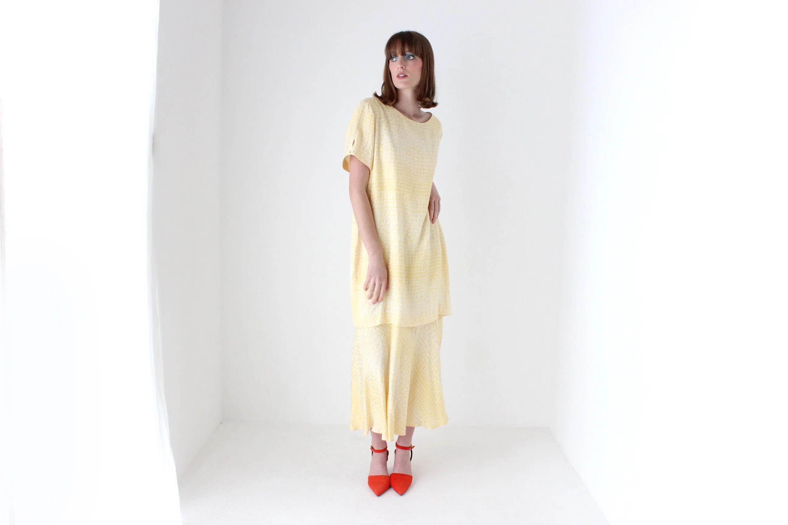 80s Pastel ~ Pure Silk ~ Relaxed Garden Party Dress w/ Green Sash Belt