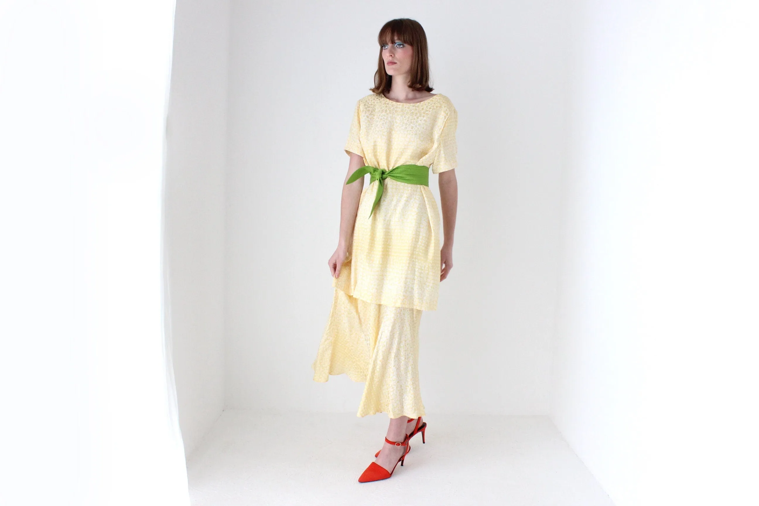 80s Pastel ~ Pure Silk ~ Relaxed Garden Party Dress w/ Green Sash Belt
