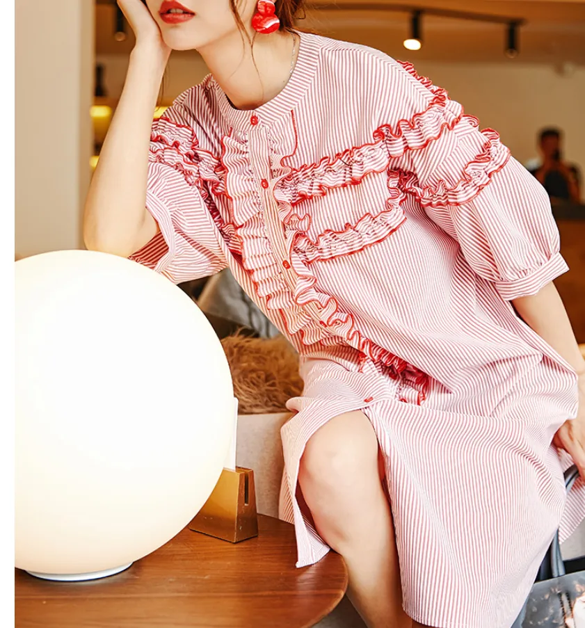 8GIRLS FRILL FRONT SHIRT DRESS IN STRIPE