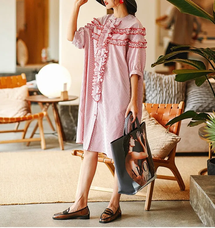 8GIRLS FRILL FRONT SHIRT DRESS IN STRIPE