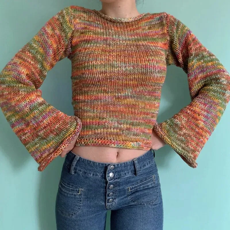 90s Patchwork Trumpet Sleeve Crochet Top
