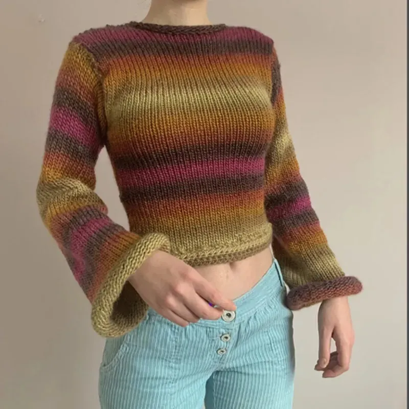 90s Patchwork Trumpet Sleeve Crochet Top