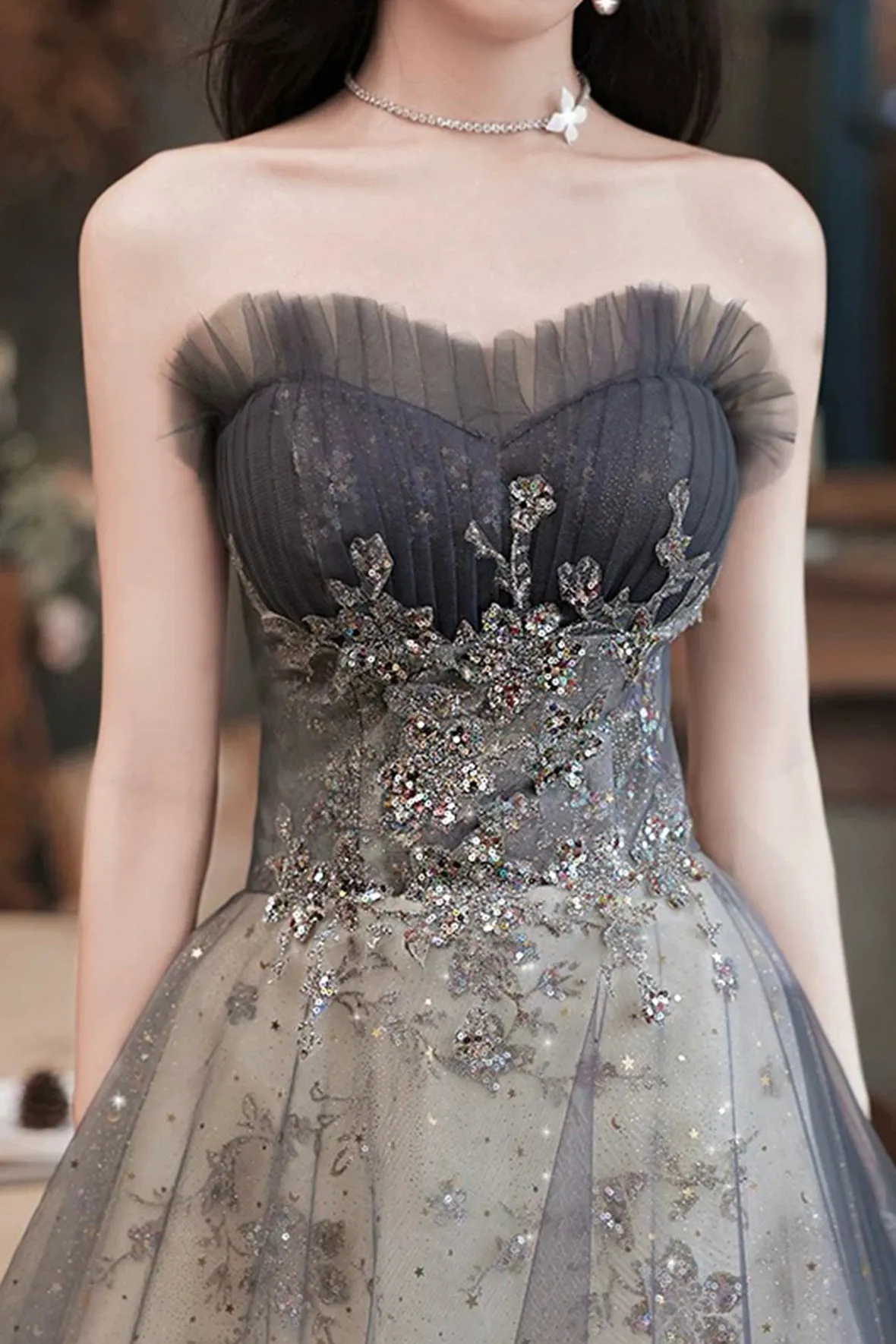 A-Line Tulle Sequins Long Prom Dress, Gray Strapless Evening Party Dress