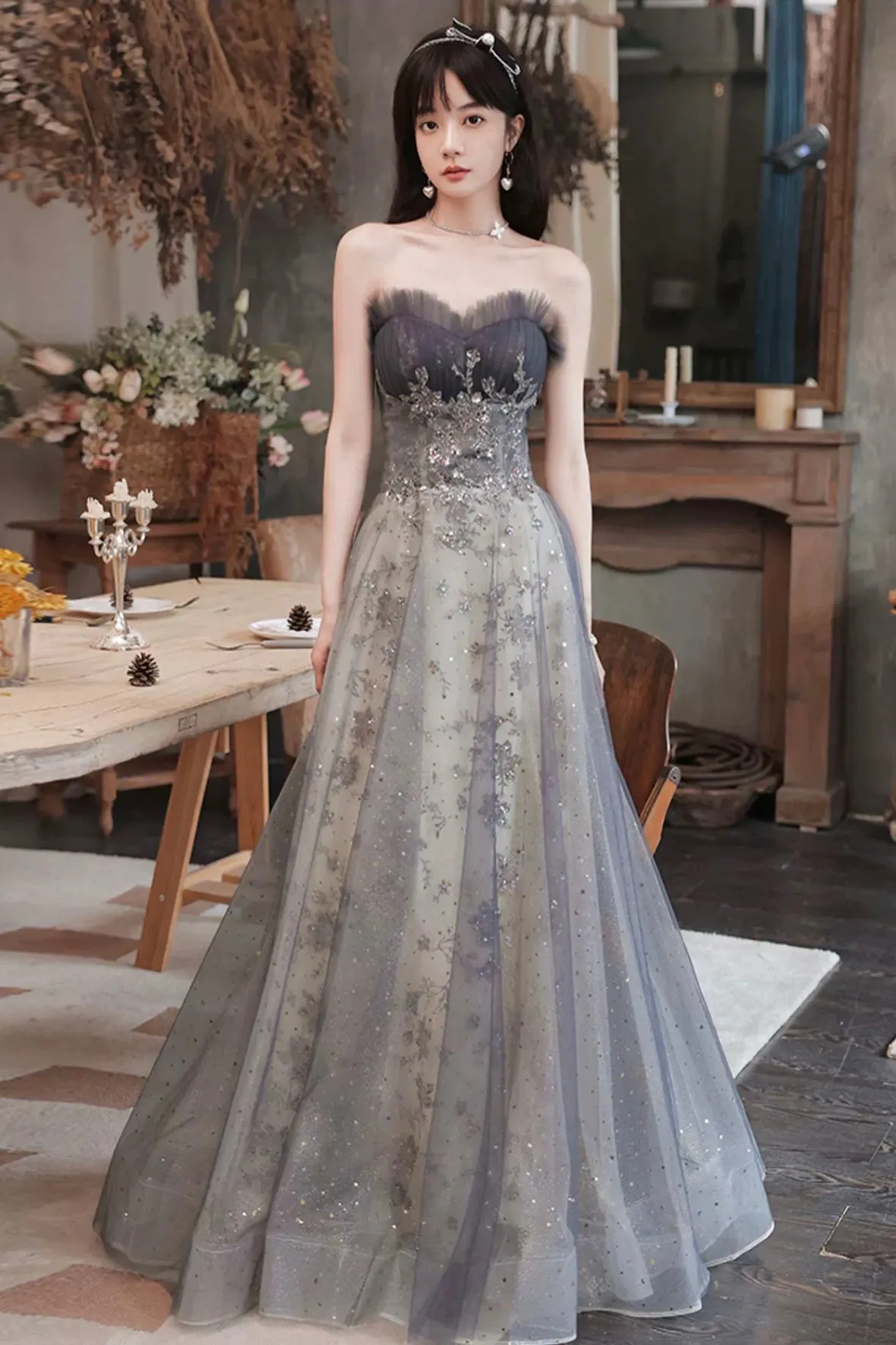A-Line Tulle Sequins Long Prom Dress, Gray Strapless Evening Party Dress