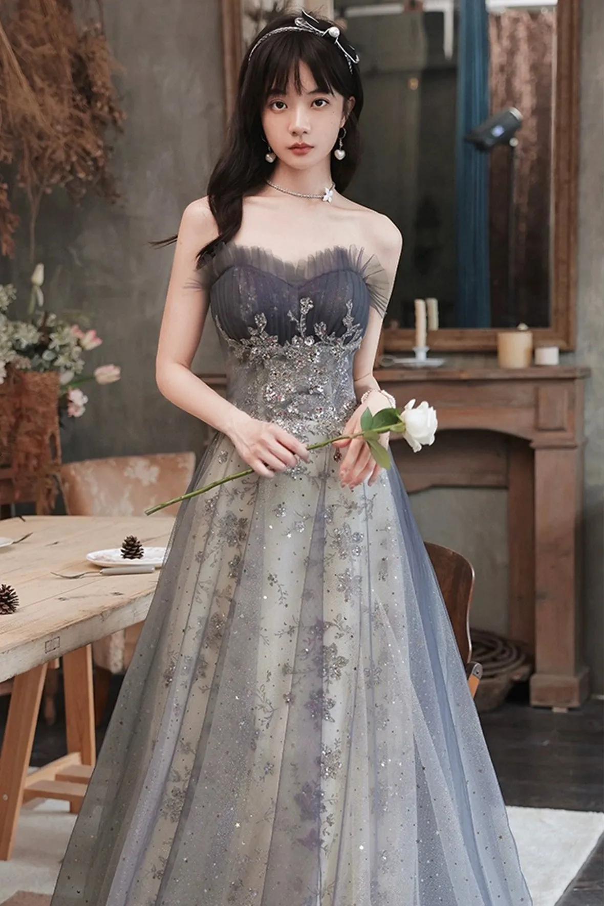 A-Line Tulle Sequins Long Prom Dress, Gray Strapless Evening Party Dress