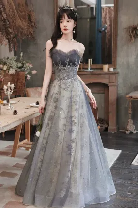 A-Line Tulle Sequins Long Prom Dress, Gray Strapless Evening Party Dress