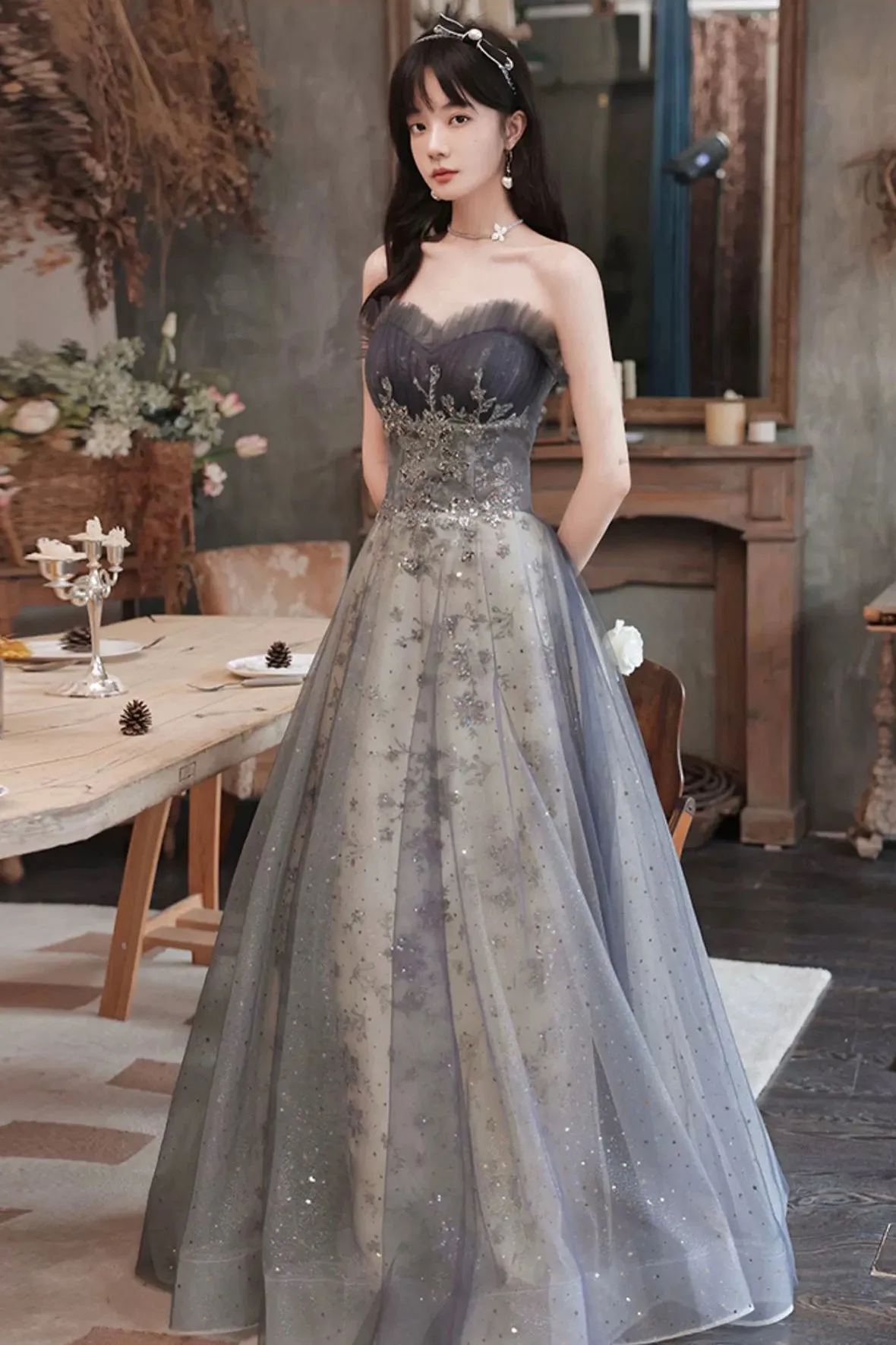 A-Line Tulle Sequins Long Prom Dress, Gray Strapless Evening Party Dress