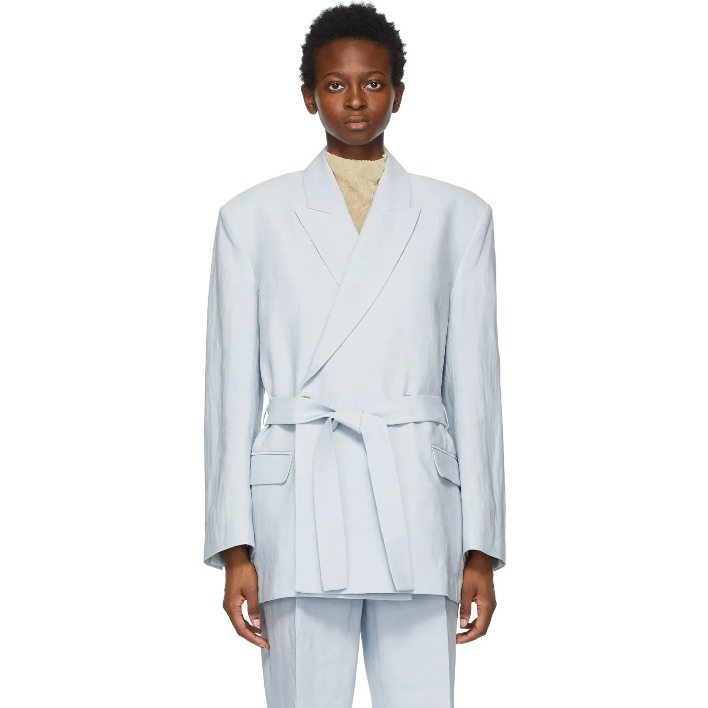 Acne Studios Blue Linen Belted Suit Blazer