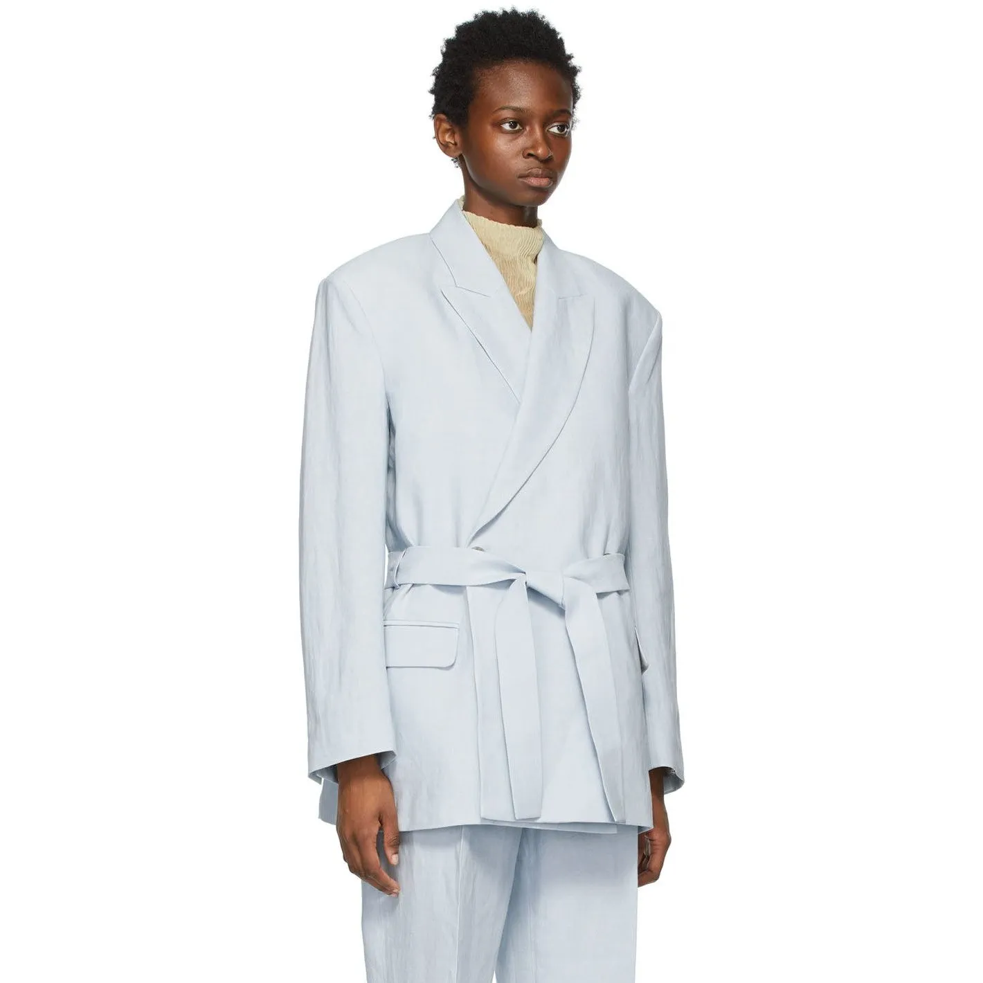 Acne Studios Blue Linen Belted Suit Blazer