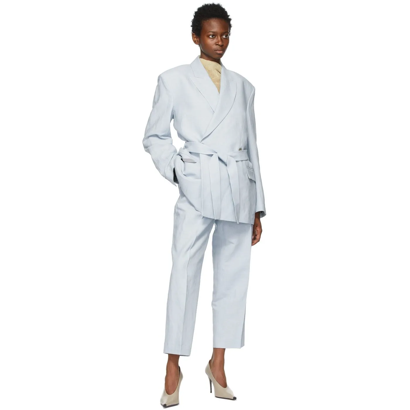 Acne Studios Blue Linen Belted Suit Blazer