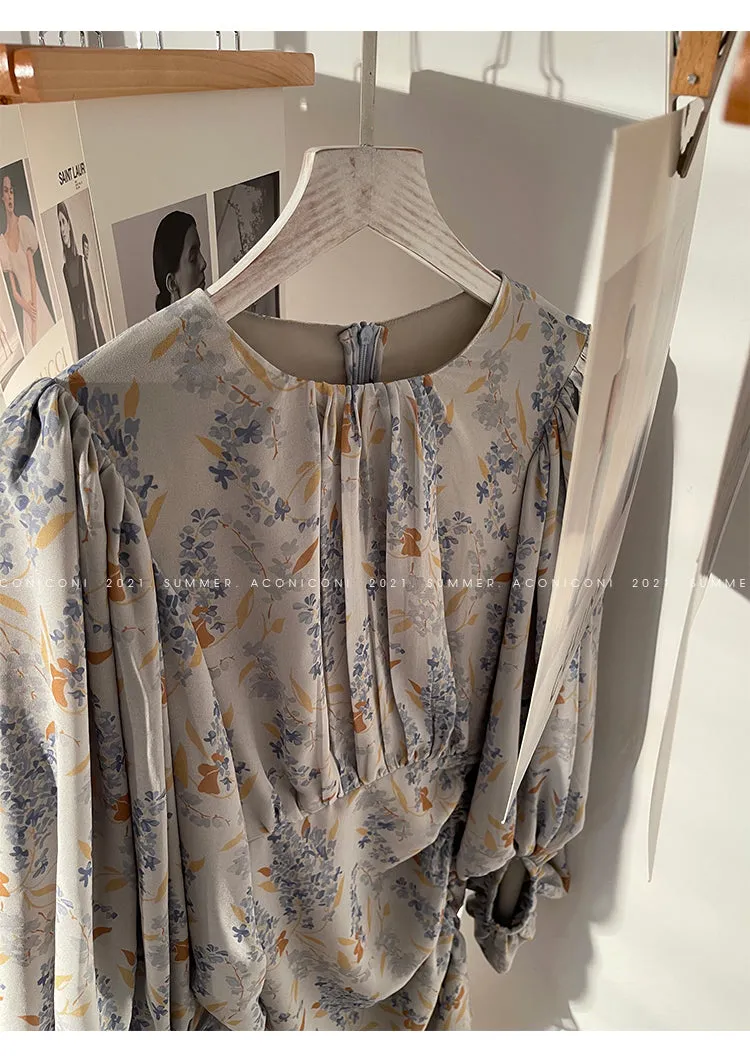Aconiconi｜high-end French tea floral printed elegant lantern sleeve midi dress - Nila