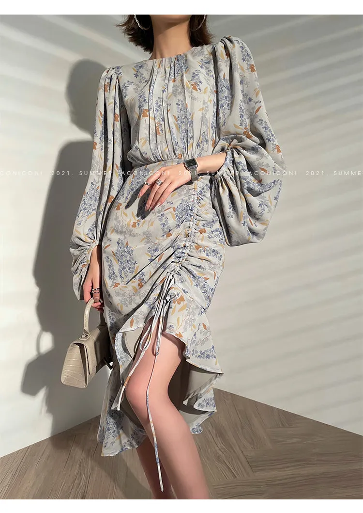 Aconiconi｜high-end French tea floral printed elegant lantern sleeve midi dress - Nila