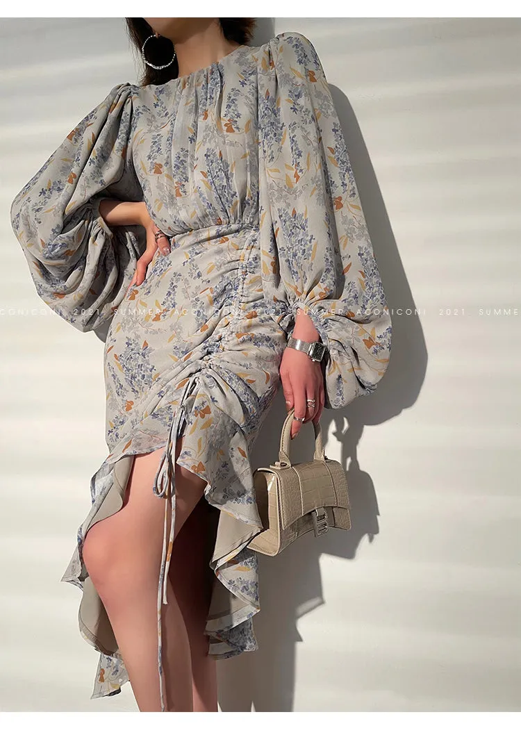 Aconiconi｜high-end French tea floral printed elegant lantern sleeve midi dress - Nila