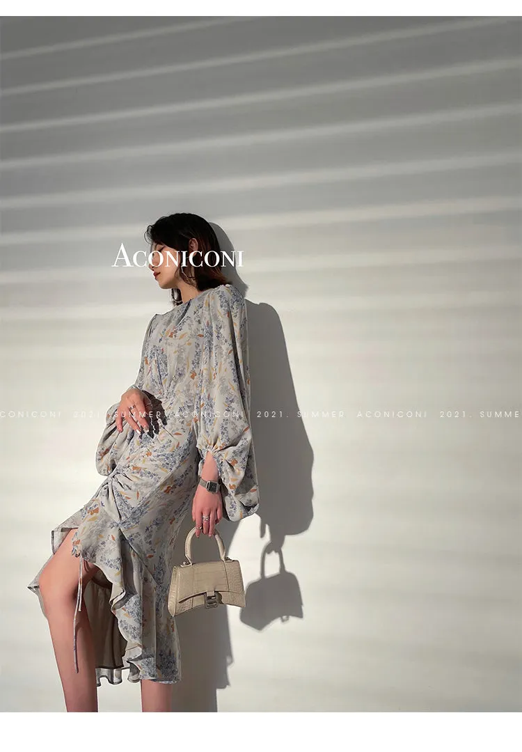 Aconiconi｜high-end French tea floral printed elegant lantern sleeve midi dress - Nila