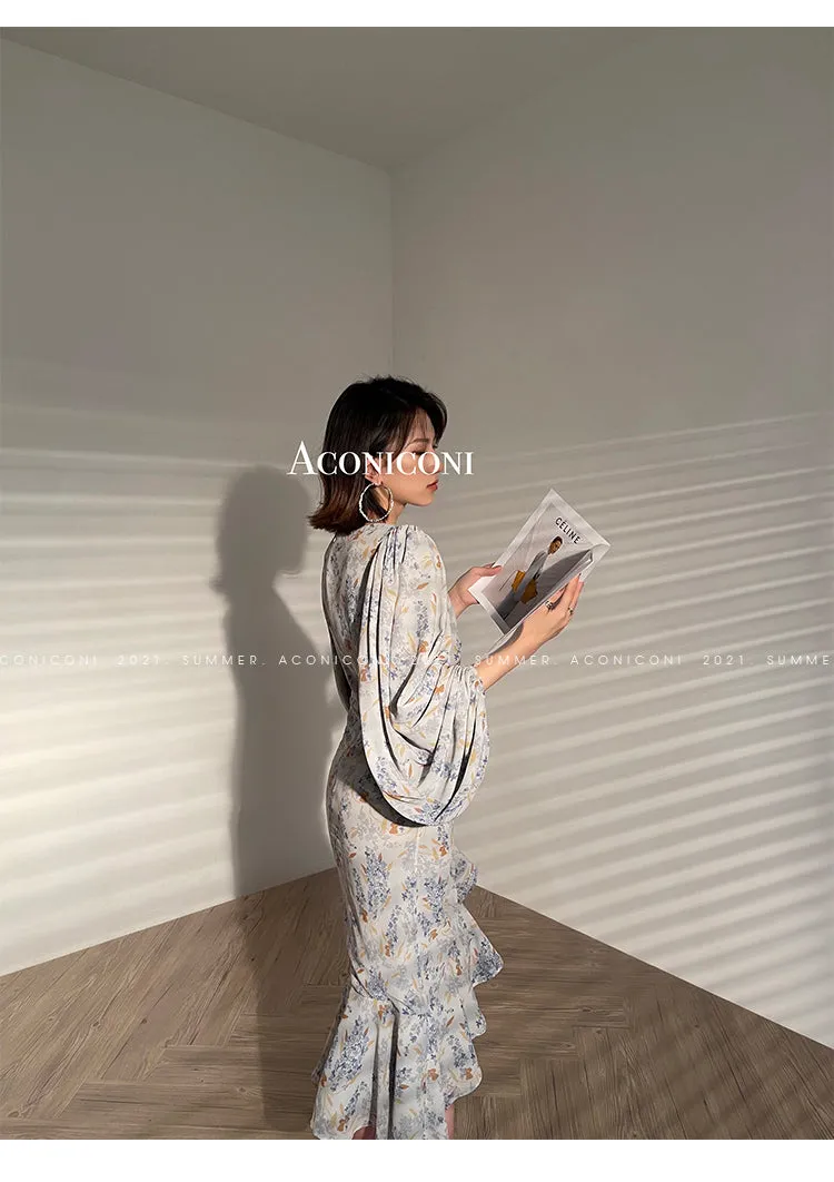 Aconiconi｜high-end French tea floral printed elegant lantern sleeve midi dress - Nila