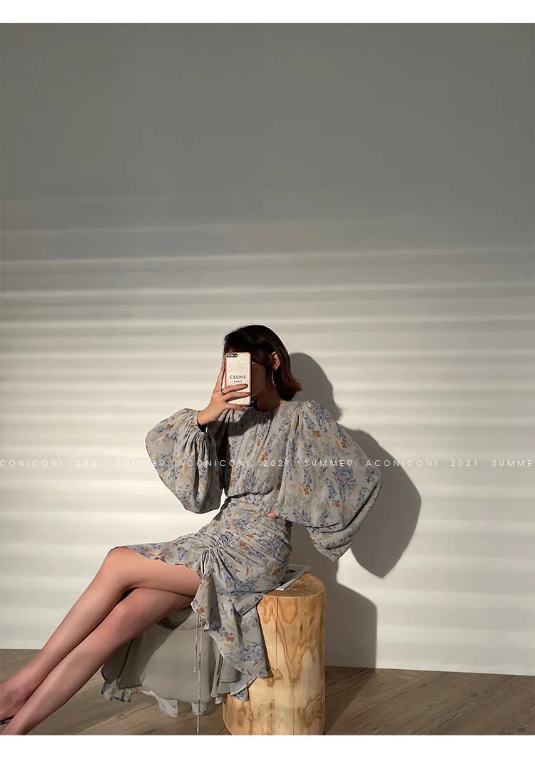 Aconiconi｜high-end French tea floral printed elegant lantern sleeve midi dress - Nila
