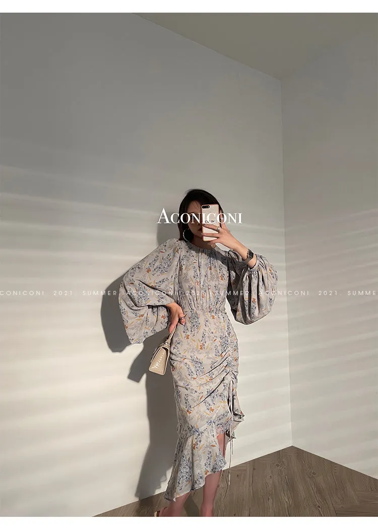 Aconiconi｜high-end French tea floral printed elegant lantern sleeve midi dress - Nila