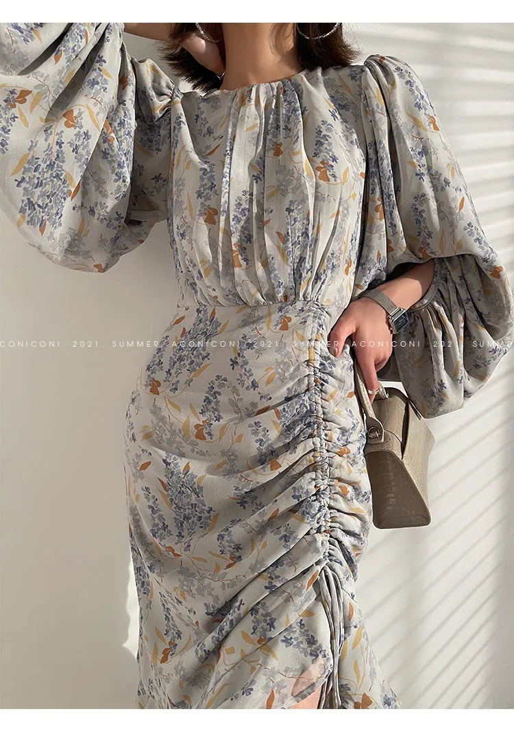 Aconiconi｜high-end French tea floral printed elegant lantern sleeve midi dress - Nila