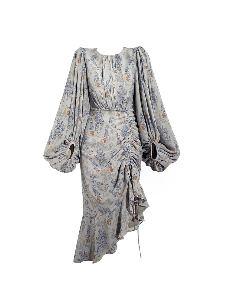 Aconiconi｜high-end French tea floral printed elegant lantern sleeve midi dress - Nila