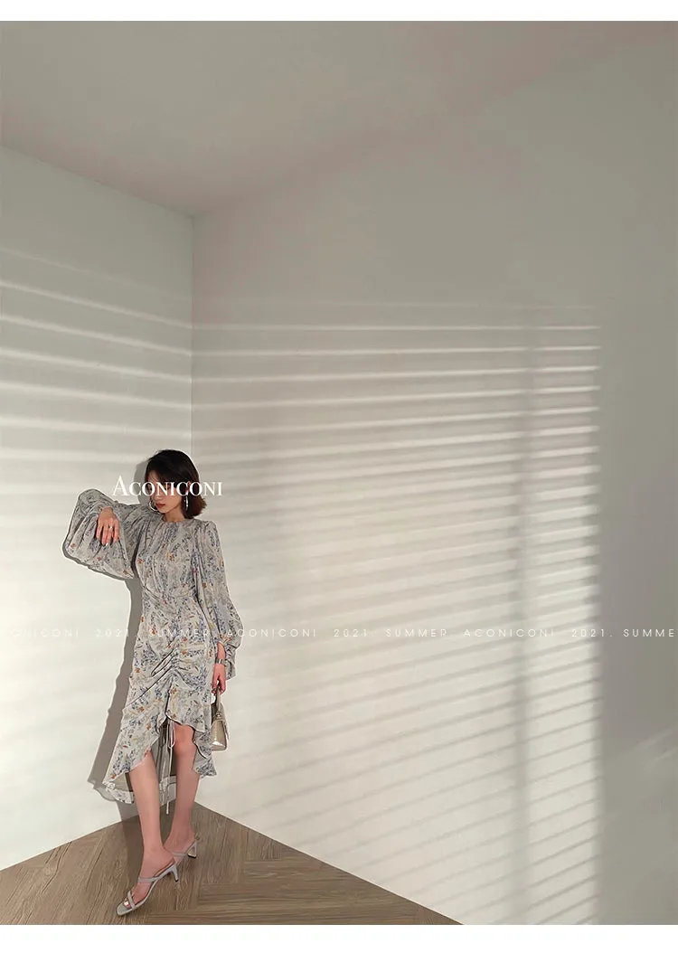 Aconiconi｜high-end French tea floral printed elegant lantern sleeve midi dress - Nila