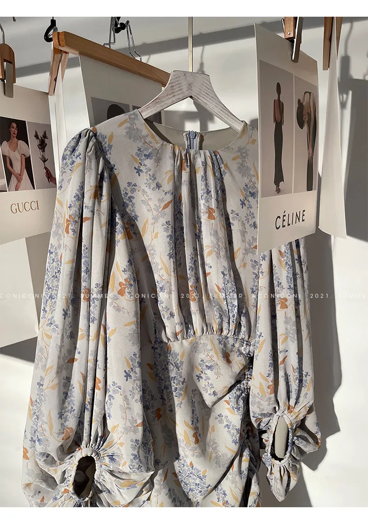 Aconiconi｜high-end French tea floral printed elegant lantern sleeve midi dress - Nila