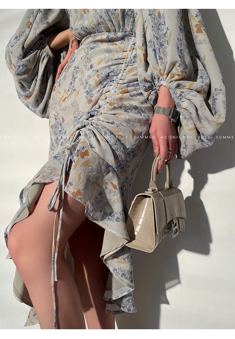 Aconiconi｜high-end French tea floral printed elegant lantern sleeve midi dress - Nila