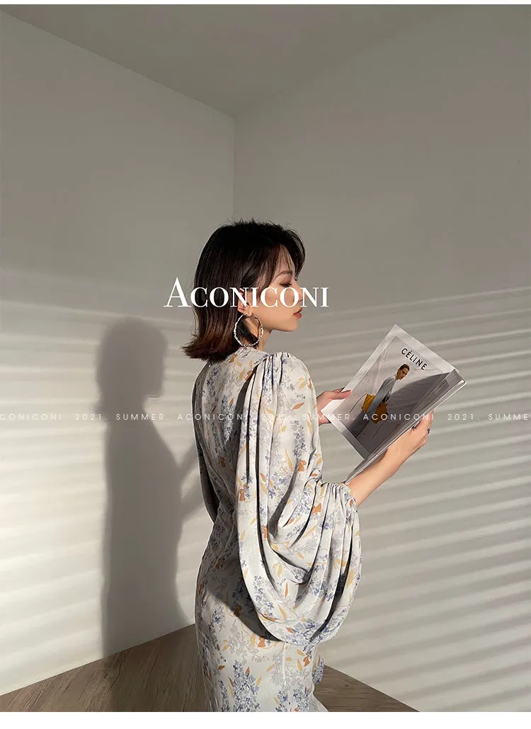 Aconiconi｜high-end French tea floral printed elegant lantern sleeve midi dress - Nila