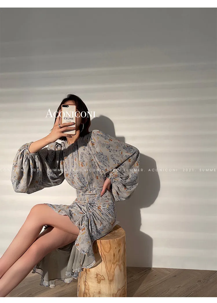 Aconiconi｜high-end French tea floral printed elegant lantern sleeve midi dress - Nila
