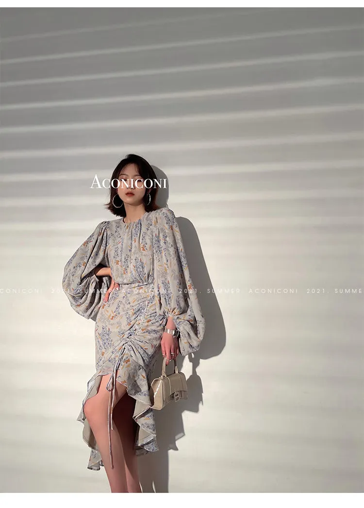 Aconiconi｜high-end French tea floral printed elegant lantern sleeve midi dress - Nila