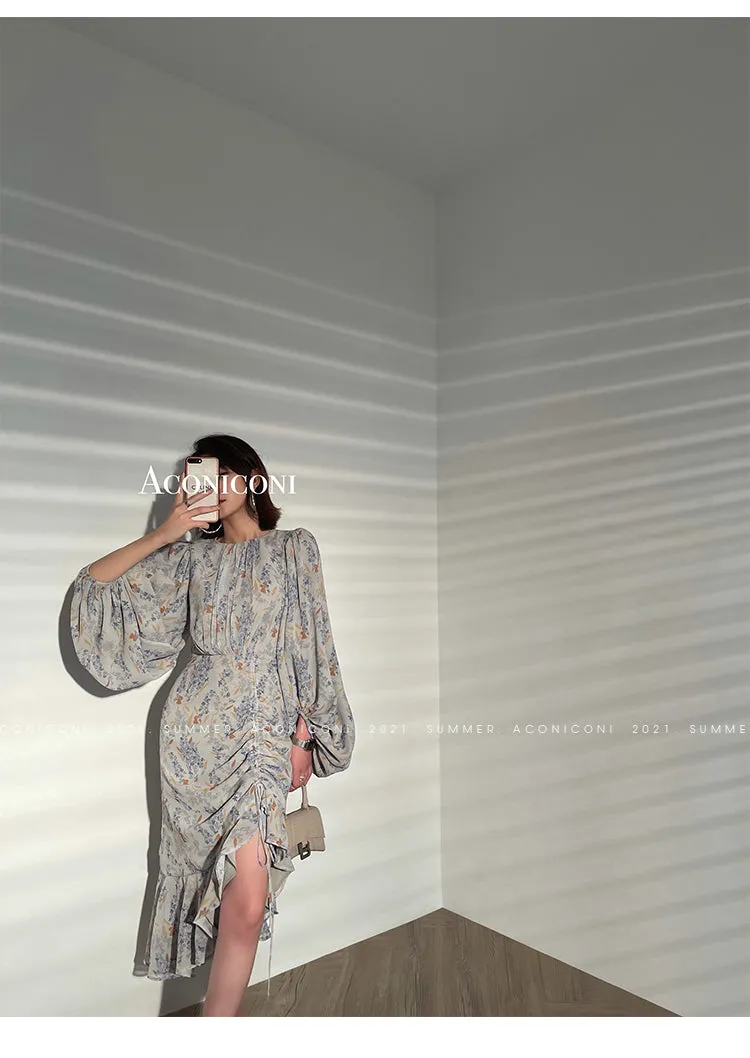 Aconiconi｜high-end French tea floral printed elegant lantern sleeve midi dress - Nila