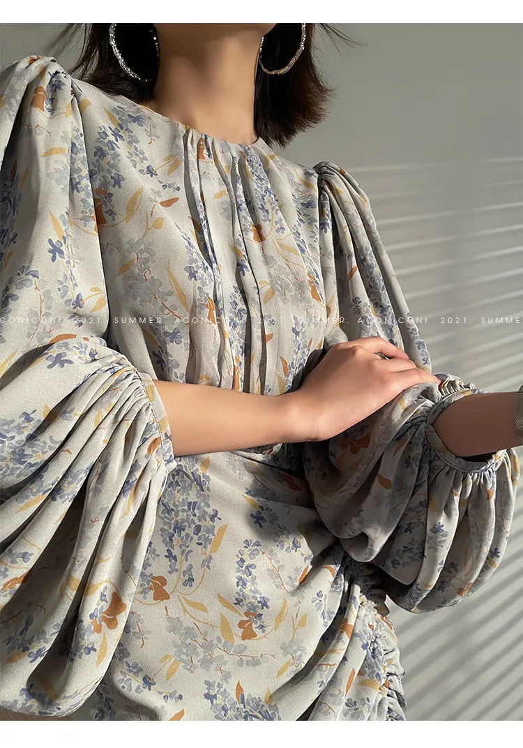 Aconiconi｜high-end French tea floral printed elegant lantern sleeve midi dress - Nila