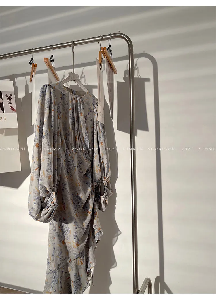Aconiconi｜high-end French tea floral printed elegant lantern sleeve midi dress - Nila