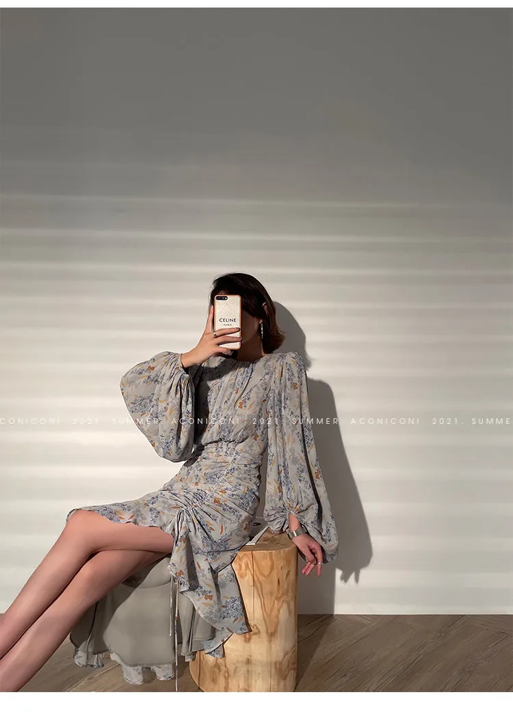 Aconiconi｜high-end French tea floral printed elegant lantern sleeve midi dress - Nila
