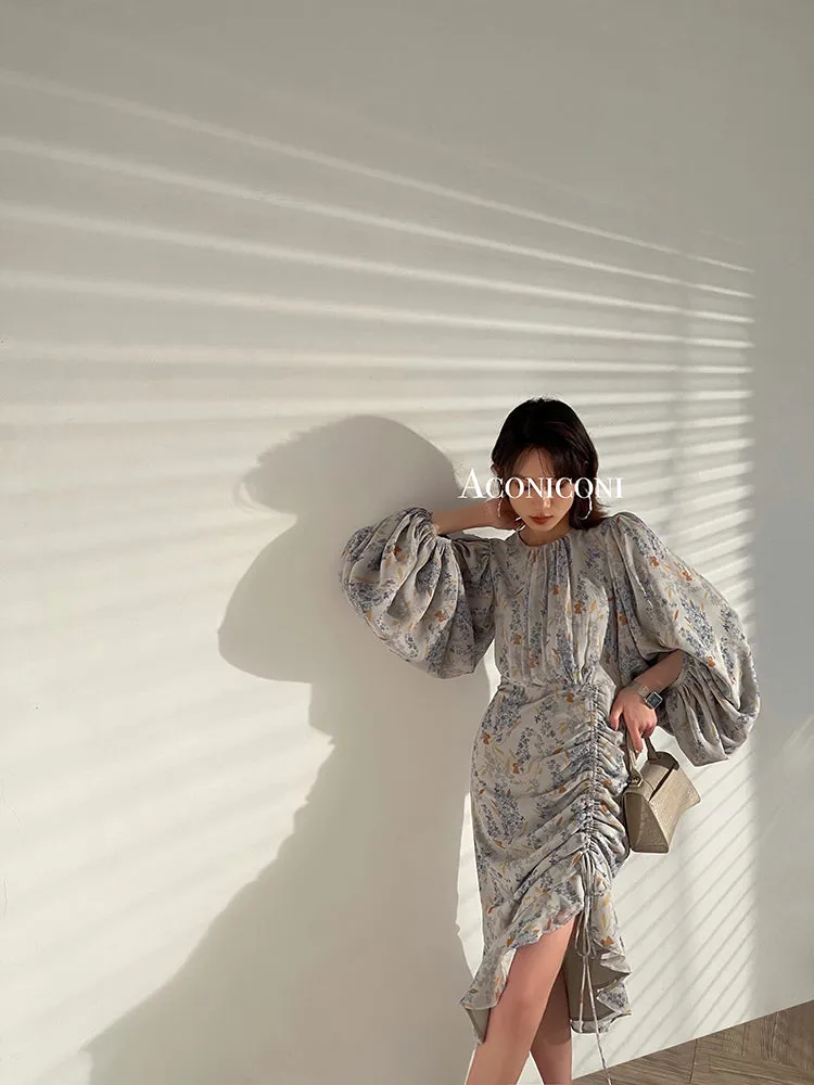 Aconiconi｜high-end French tea floral printed elegant lantern sleeve midi dress - Nila