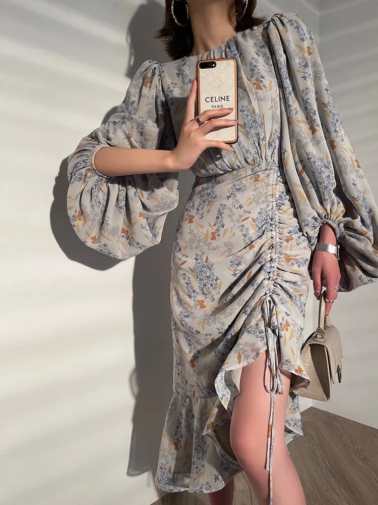 Aconiconi｜high-end French tea floral printed elegant lantern sleeve midi dress - Nila