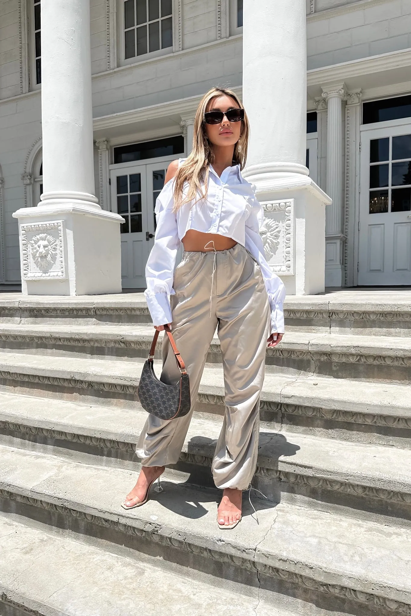 Alora Satin Parachute Pants - Beige
