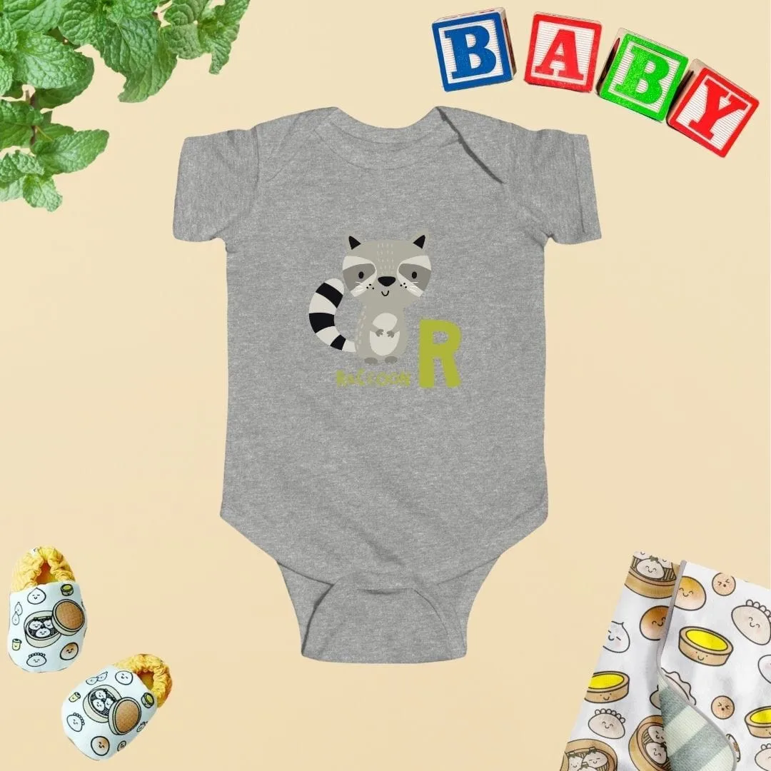 Animal Alphabet - R for Raccoon Baby Bodysuit - Unisex Graphic Bodysuit for Babies