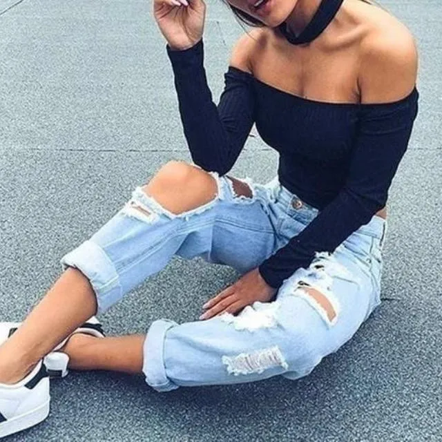 Aune - Off Shoulder Rib-Knit Crop Top Slim Fit