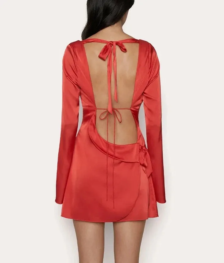 Backless Bandage Satin Long Sleeve Solid Mini Dress