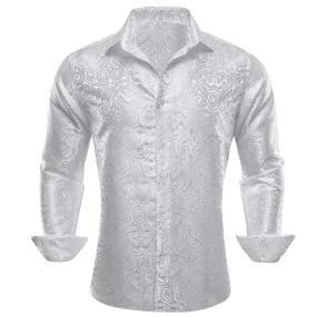 Barry Wang Button Down Shirt White Paisley Men's Silk Long Sleeve Shirt