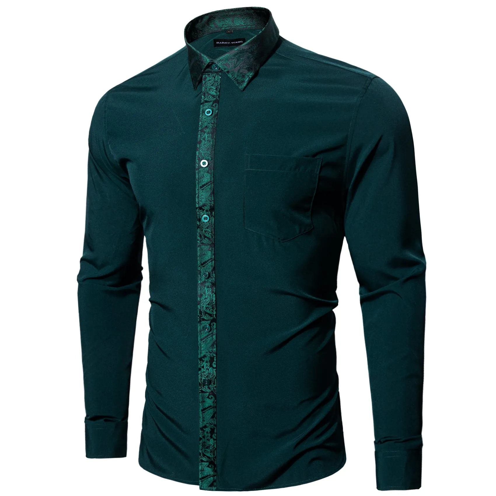 Barry.wang Button Down Shirt Dark Green Splicing Men's Dress Shirt Formal Business